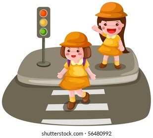 illustration of isolated two girls crossing the street on white