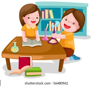 illustration of isolated two girls study chemistry on white