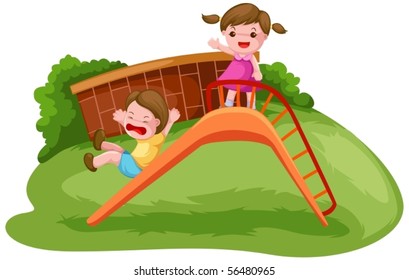 illustration of isolated two kids playing on the slide