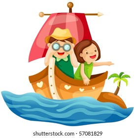 illustration of isolated two kids sailing in the sea on white