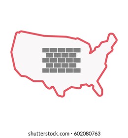 Illustration of an isolated United States of America line art map with  a brick wall