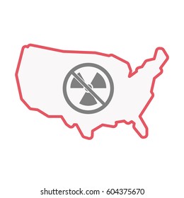 Illustration of an isolated United States of America line art map with  a radioactivity sign  in a not allowed signal 