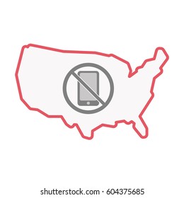Illustration of an isolated United States of America line art map with  a phone  in a not allowed signal 