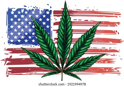 Illustration of an isolated USA flag with a hemp leaf