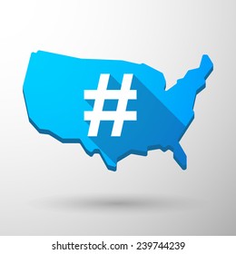 Illustration of an isolated USA map icon with a hash tag