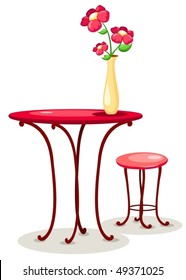 illustration of isolated vase of flowers with table and chair