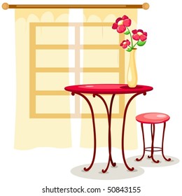 illustration of isolated vase of flowers with table and chair