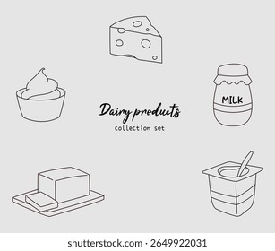 Illustration isolated vector of dairy products cheese, sour cream, milk, yoghurt, butter in lineart doodle hand drawn style for menu, cafe, coloring book, asset 