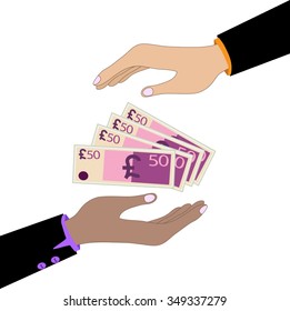 Illustration of an isolated vector hand giving a United Kingdom Pound sterling (GBP) banknote.