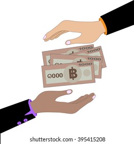 Illustration of an isolated vector hand giving 1000 bath bank note. Bath is the national currency of Thailand
