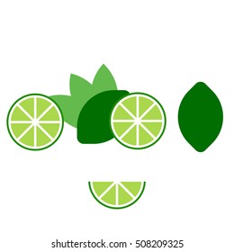 Illustration isolated vector image set of fresh lime and green leaves on white background in flat style. Logo juicy citrus. Icon ingredient for cooking. From kitchen garden. Healthy diet. Vitamin C