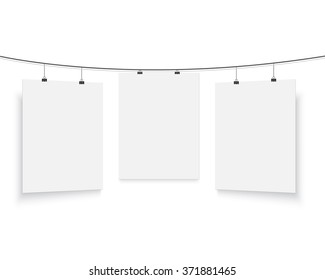 Illustration of Isolated Vector Poster Mockup Set. Realistic Vector EPS10 Paper Poster Set on a Bended Rope Isolated on White Background