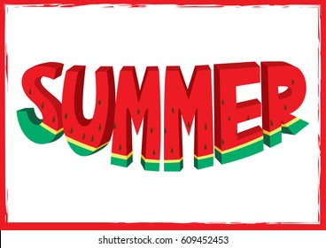 Illustration isolated vector of the red watermelon and the green skin die cut to the summer texts suitable for hot season graphic design