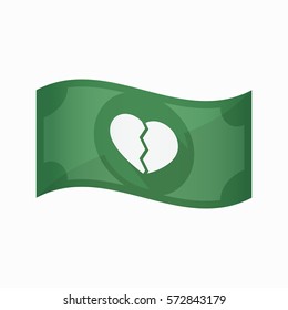 Illustration of an isolated waving bank note with a broken heart