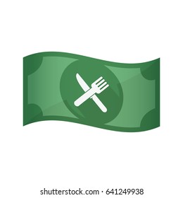 Illustration of an isolated waving bank note with a knife and a fork
