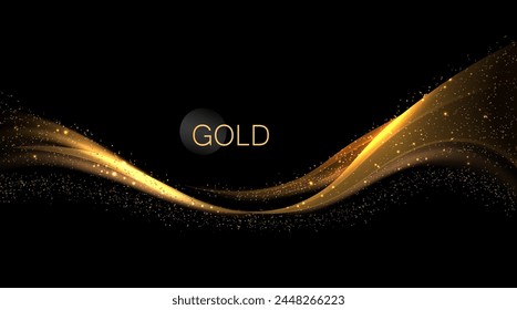 Illustration with an isolated wavy pattern in a golden hue with glitter on a black background.