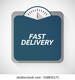 Illustration of an isolated weight scale with  the text FAST DELIVERY