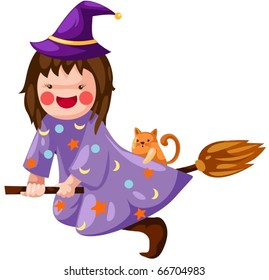 illustration of isolated witch flying on a broom on white