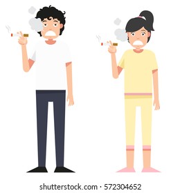illustration isolated woman and man smoking a cigarette on white background