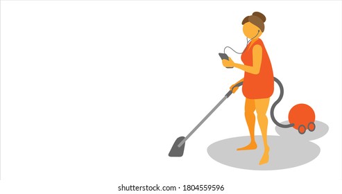 illustration of isolated woman using vacuum cleaner on white