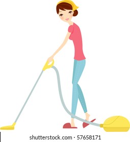 illustration of isolated woman using vacuum cleaner on white