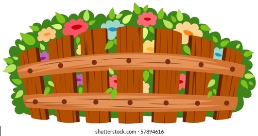 illustration of isolated wooden fence with flowers on white