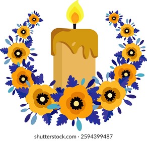 Illustration isolated yellow lighted memory candle, red velvet, marigolds with leaves, wreath, memorial day, remember sympathize grieve honor, web design decoration yellow blue colors