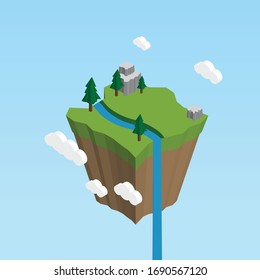 Illustration of isometric 3D world with nature viewpoint with river , tree , rock and cloud