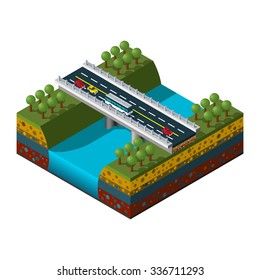 Illustration of an isometric bridge over the river. Highway icon.