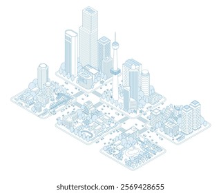 Illustration of isometric cities and residential areas. A train station and a city with a train stop. Cars, buses, and trucks pass by high-rise buildings and roads. 