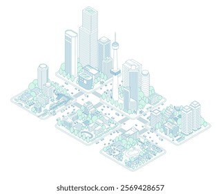 Illustration of isometric cities and residential areas. A train station and a city with a train stop. Cars, buses, and trucks pass by high-rise buildings and roads. 