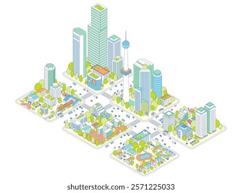 Illustration of isometric cities and residential areas. A train station and a city with a train stop. Cars, buses, and trucks pass by high-rise buildings and roads. 