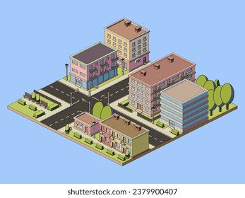 Ilustración del paisaje urbano isométrico, ilustración vectorial.