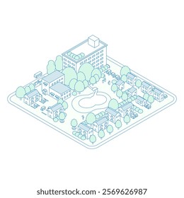 Illustration of an isometric city. A residential area with a park with a large pond and apartments. A building with an adjacent parking lot.