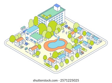 Illustration of an isometric city. A residential area with a park with a large pond and apartments. A building with an adjacent parking lot.