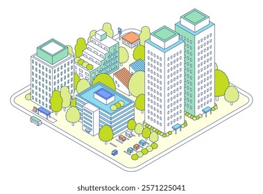 Illustration of an isometric city. Residential area with apartments and towers. A building with an adjacent parking lot.