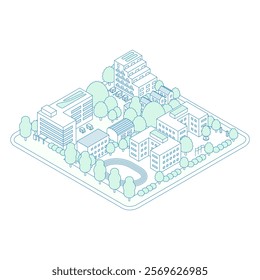 Illustration of an isometric city. Schools and parks with gymnasiums and athletic fields. A greened cityscape with hospitals, businesses, apartments, and other residences.
