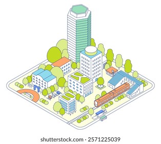 Illustration of an isometric city. The station where the train stops and the commercial district in front of the station.