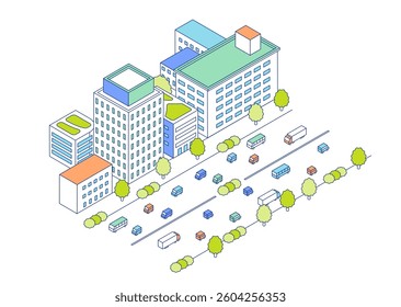 Illustration of an isometric city and street. Busy streets and buildings such as apartments and buildings lined up along the road.