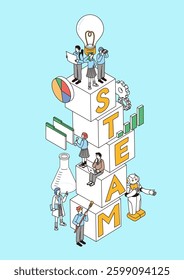 Illustration of an isometric composition depicting the characters of STEAM education and students' future education