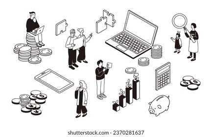 Illustration of an isometric composition imagining investment and asset management