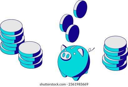 Illustration of an isometric composition, saving coins in a piggy bank. Image of savings, savings, investment. Material in cool shades of blue.