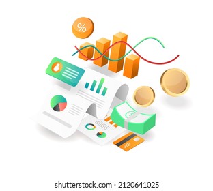 Illustration Isometric Concept. Business Investment Company Income Analyst Data