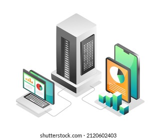 Illustration isometric concept. Computer and smartphone application server