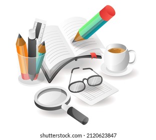 Illustration isometric concept. creative looking for information and writing in a book