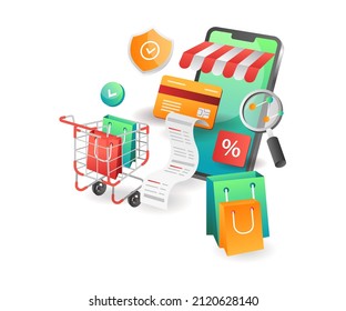 Illustration isometric concept. List of online shopping data in the cart