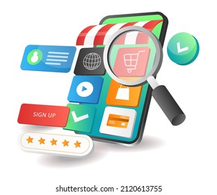 Illustration isometric concept. Looking for an online shopping app