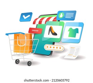 Illustration isometric concept. Putting shopping items in online cart