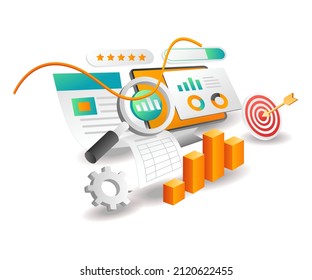Illustration isometric concept. searching data for investment business target analysis