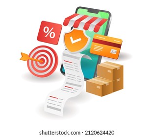 Concepto isométrico de ilustración. Seguridad de las transacciones de compra en línea en tiendas de comercio electrónico